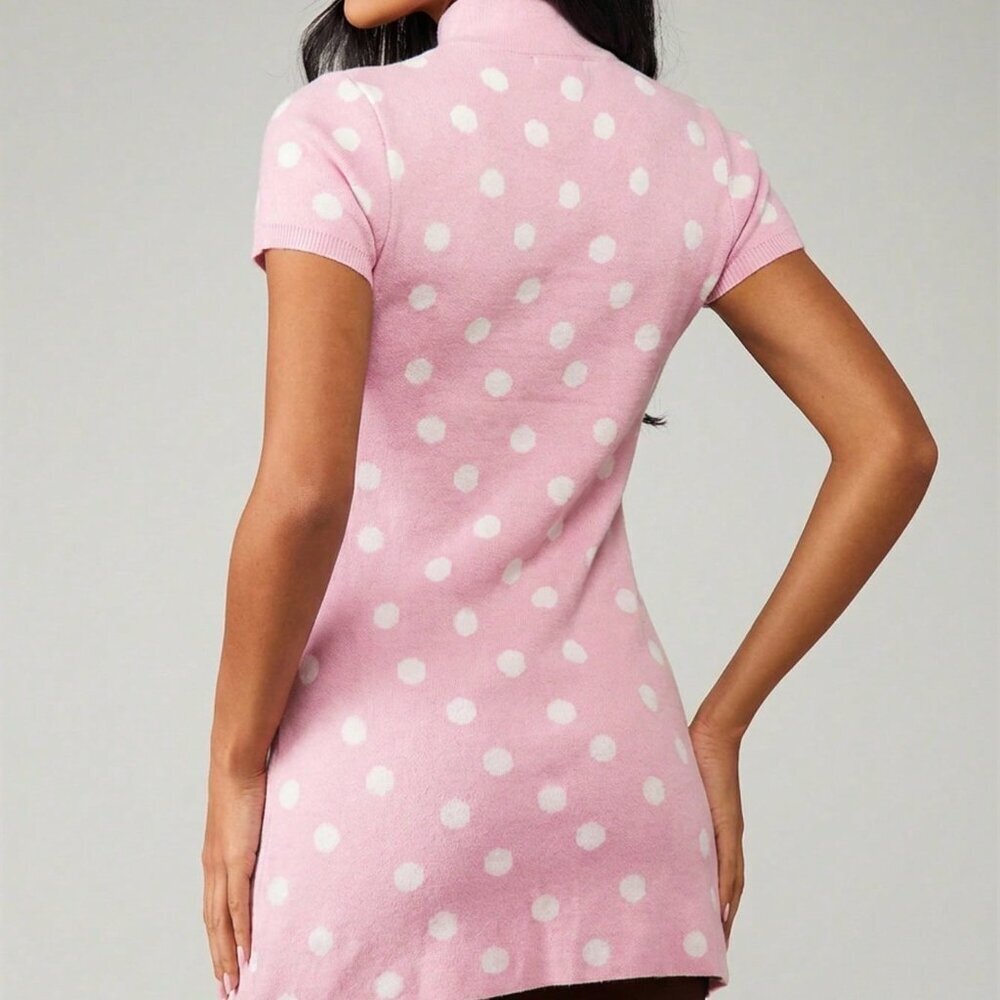 Pink Casual Women's Polka Dot Bodycon Sweater Mini Dress - Picture 2 of 6